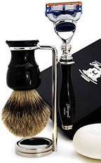 Haryali London 5 Pc Mens Shaving Kit 5 Edge Razor with Silver Tip Badger Hair Shaving Brush, Stand, Soap and Bowl Perfect Set for Men
