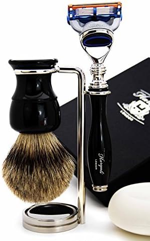 Haryali London 5 Pc Mens Shaving Kit 5 Edge Razor with Silver Tip Badger Hair Shaving Brush, Stand, Soap and Bowl Perfect Set for Men
