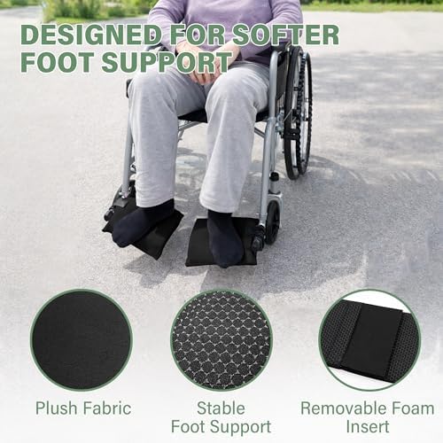 SPRING SEAON Wheelchair Footrest Covers, 1 Pair Soft Plush Foot Rest Pads with Non-Slip Backing, Removable Foam Insert, Hook-and-Loop Closure, Fits Most Standard Wheelchairs (Black)