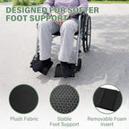 SPRING SEAON Wheelchair Footrest Covers, 1 Pair Soft Plush Foot Rest Pads with Non-Slip Backing, Removable Foam Insert, Hook-and-Loop Closure, Fits Most Standard Wheelchairs (Black)