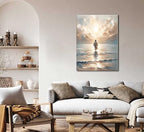 Jesus Walking on Water Canvas Wall Art Jesus Christian Posters Prints Sacred God Walking on Ocean Beach Painting Pictures for Living Room Bedroom Bathroom Office Wall Decor Framed
