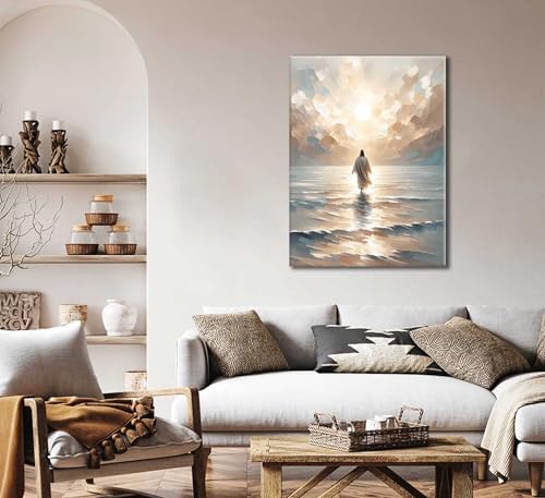 Jesus Walking on Water Canvas Wall Art Jesus Christian Posters Prints Sacred God Walking on Ocean Beach Painting Pictures for Living Room Bedroom Bathroom Office Wall Decor Framed