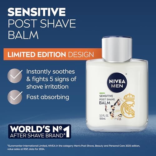 NIVEA MEN Real Madrid Limited Edition Design Sensitive Post Shave Balm, with VitaminPro Complex, Alcohol Free After Shave Balm for Men, 3.3 Fl Oz Bottle, Pack of 3