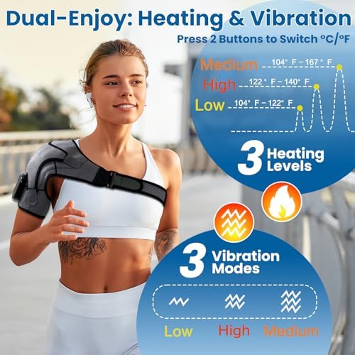 Cordless Shoulder Heating Pad with Massage, Electric Heated Shoulder Wrap with 3 Vibration & 3 Heat, Heating Pads for Rotator Cuff and Frozen Pain Relief,5000mAh Chargeable Powered,Men&Women