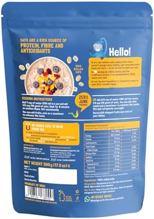 Slurrp Farm Jumbo Rolled Oats | High Fiber & Protein Whole Grain Oats | No Added Sugar, No Preservatives | Ideal for Breakfast Porridge, Overnight Oats & Baking | 17.64 Oz (500g)