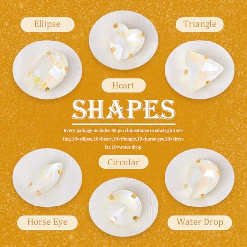 TANOSII Sew on Rhinestones 60 PCS Mixed Shapes Glass Rhinestones Sew on Crystal Gems Mental Flatback with Golden Claw for Jewelry Crafts Clothes Shoes Costume Garment White
