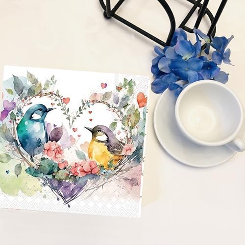 Generic 20-ct 6.5 x 6.5 inches 3-Ply Paper Napkins - Valentine's Day Napkins - White, Blue, Purple, Yellow, Pink, Multicolor - Loving Bird Couple Design