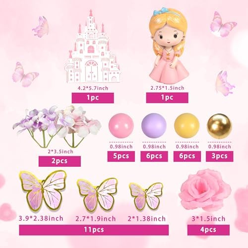 39 PCS Princess Cake Topper Castle Cake Decoration with Butterflies Artificial Flowers and Balls for Princess Birthday Supplies (Pink and Purple)