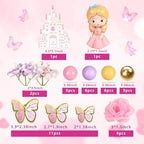 39 PCS Princess Cake Topper Castle Cake Decoration with Butterflies Artificial Flowers and Balls for Princess Birthday Supplies (Pink and Purple)