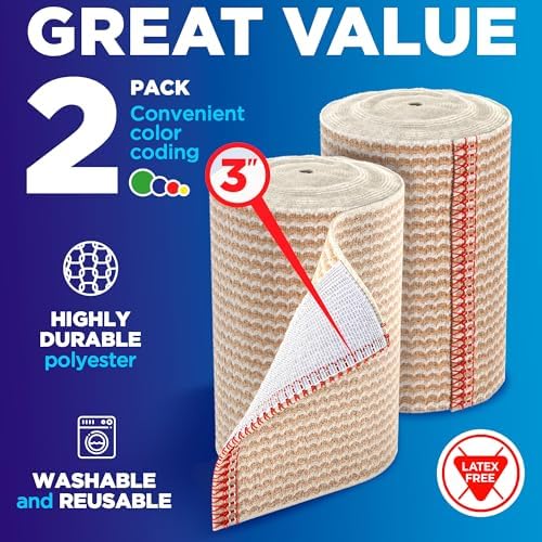 Premium Elastic Bandage Wrap - 3” (2pk) - Strong Compression - Self-Closing Reusable Bandages for Legs and Arms - Wrist, Elbow, Foot, Ankle, Knee Wrap - for First Aid Kit and After Surgery Recovery