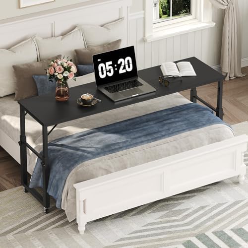Overbed Table with Wheels, Queen Size Mobile Bed Desk with Adjustable Height, Rolling Table, Laptop Table, Recliner Desk, for Bedroom, Living Room, Office, Black MTBK18001