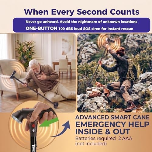 Walking Cane for Men & Women, 3-in-1 Folding Cane with Alarm and Light, Adjustable, Free Standing, Collapsible Walking Stick for Seniors Balance with a Second Handle