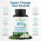 ForestLeaf Multi Collagen Pills with Hyaluronic Acid + Vitamin C | Hydrolyzed Collagen Supplements for Women or Men | Multi Collagen Capsules Peptides for Skin, Wrinkles, 120 Caps