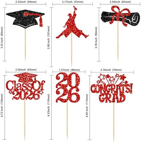 Gyufise 24Pcs 2026 Graduation Cupcake Toppers Glitter Class of 2026 Congrats Grad Cupcake Pick Decorations for 2026 Graduation Theme Birthday Party Supplies Black Red