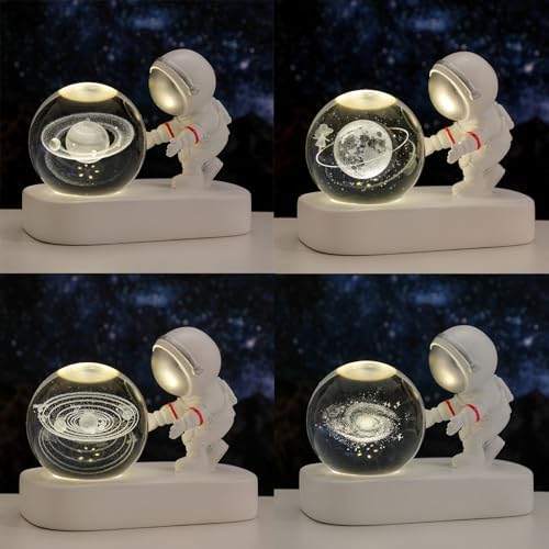 Generic Saturno de Cristal lampara de Saturno 2.4inch(60mm) Astronauts Night Light 3D Laser Engraved Quartz Glass Ball Home Decor Crafts (The Moon), White