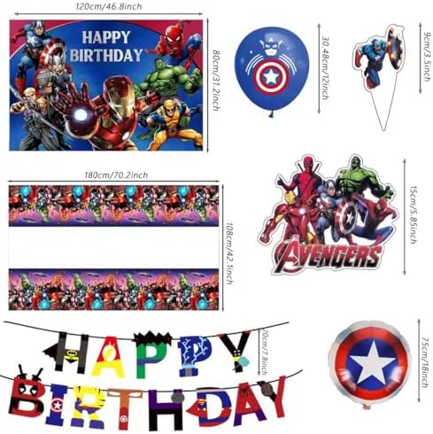 46Pcs superhero Birthday Party Supplies, Avengers Party Decorations Set Include Banner, Backdrop, Balloons, Hanging Swirls, Cake Cupcake Toppers, Tablecloth for Boys Girls Avengers Theme Party