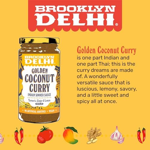Brooklyn Delhi Golden Coconut Curry - Indian Simmer Sauce with Turmeric, Ginger, Lemon, & Coriander - 12 Ounces - Mild Enough for a kid, Flavorful Enough for a Foodie - Vegan - No Artificial Additives