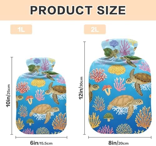 Sea Turtles Coral Gradient Blue Hot Water Bottle with Soft Cover Feet and Bed Warmer Warm Water Heat Bottles for Menstrual Cramps Pain Relief Small