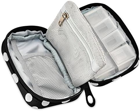 Polka Dot Black Pill Organizer Case Modern 7 Day Travel Pill Box with Zipper Portable Weekly Vitamin Medicine Supplement Holder Pouch Bag