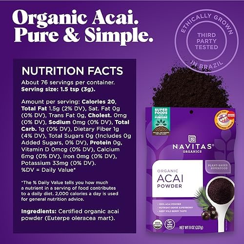 Navitas Organics Acai Powder – for Smoothie Bowls, Oatmeal, Dips, Sauces & More – Antioxidants, Omega 3 6 9, Fiber - USDA Organic, Non GMO, Kosher, Gluten Free, Keto (8oz. Bag, 76 Servings)