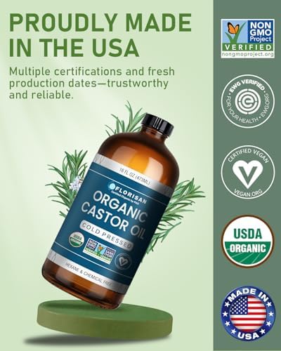 Florisan Organic Castor Oil 16oz Glass Bottle, Cold Pressed, Hexane-Free, Non-GMO, 100% Pure Castor Oil for Hair Growth, Skin, Lashes, Eyebrows, EWG Verified & USDA Organic Certified