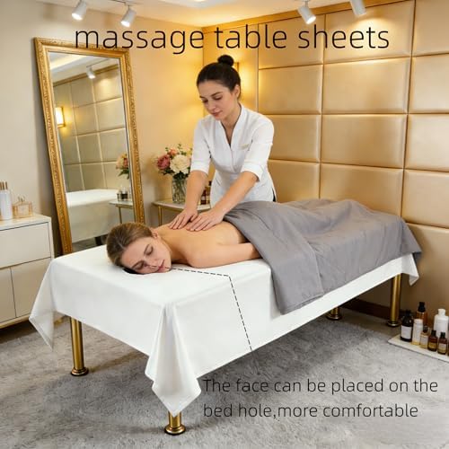 Premium Reusable Massage Table Sheets with Face Hole, Bed Cover Professional Massage Linens Fitted Wax Mat for Esthetician Bed, Stain and Wrinkle-Resistant, Machine Washable (White, 48 * 91 Inch)