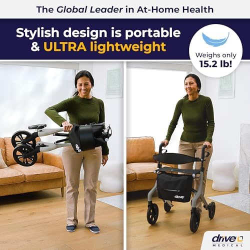 Drive Medical AeroWalk Ultra-Lite Rollator with Seat, Lightweight Adult Walkers with 4 Wheels, Folding Rolling Walker for Women, Men and Seniors, 15.2 Pounds, 23 Inch Seat Height, Grey