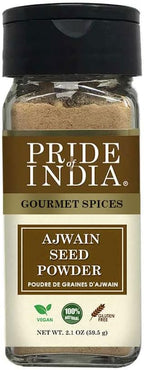 Pride of India Ajwain Seed Powder 2.1 oz | Carom Seeds Powder in Dual Sifter Jar for Cooking, Seasoning & Spice Blends | Aromatic Indian Spice for Curry, Biryani, Lentil Soup, Flatbread & Marinades