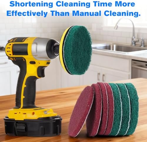 4-Inch Scrub Drill Brush Power Scouring Pads Household Cleaning Set 4 Red Pads 4 Green Pads 1 Drill Attachment and 1 Universal Shaft for Kitchen Bathroom Tiles Bathtubs Glass Porcelain