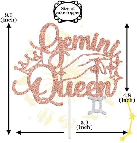 Gemini Queen Cake Topper, Gemini Season/12 Zodiac Constellation Theme Cake Decor, Big Gemini Energy Birthday Party Decoration Supplies for Women, Rose Gold Glitter