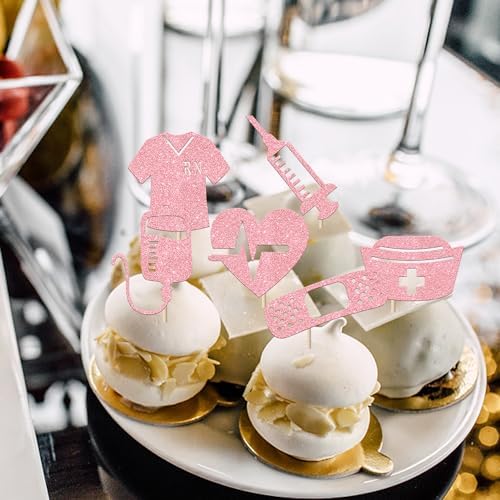 Rsstarxi 24 Pack Nurse Cupcake Toppers Nurse Decorations for Party Nursing Cupcake Picks Nurse Graduation Cake Decorations for Medical Rn Nurse Grad Themed Birthday Party Decorations Pink, Design 4
