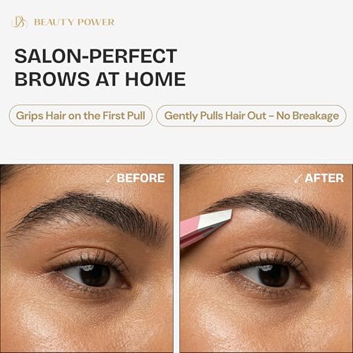 Beauty Power Professional Tweezers Set – Slant & Point, Ultra Precision German Stainless Steel Tweezers for Eyebrows, Chin, Ingrown Hair & Facial Grooming – Lightweight with Case - Gift Idea - Pink