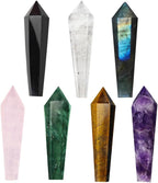 Natural White Crystal Tower Amethyst Pendulum Wand Home Decoration Rock Quartz Wand Single Point Polished Obelisk Energy Balancing Gift（Six-Sided Crystal Pendulum 7pcs Set）