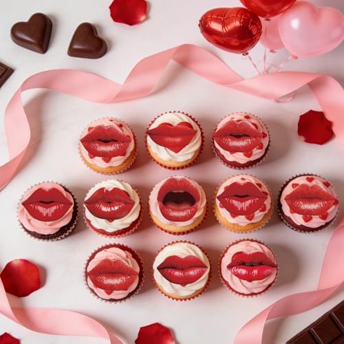 54PCS Edible Red Lips Cupcake Toppers Wafer Paper Kiss Lips Cupcake Picks Happy Valentine's Day Cake Decor for Valentine's Day Theme Party Birthday Decoration Supplies