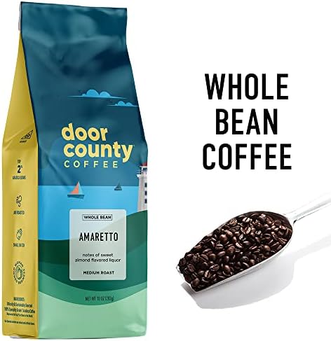 Door County Coffee Amaretto Flavored Whole Bean - 10 oz Bag - Flavored Whole Bean Medium Roast - 100% Specialty Arabica - Flavored Gourmet - Amaretto