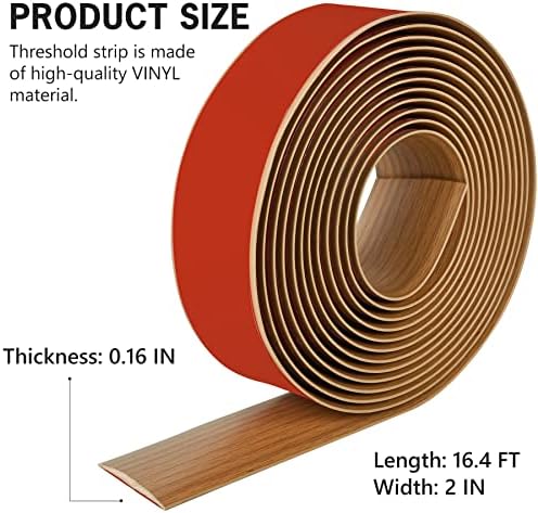 16.4Ft Floor Transition Strip Self Adhesive Vinyl Cover Floor Strip Flat Divider Transition Strip Wood Grain Design for Laminate Floor Gaps and Doorway Transitions (16.4Ft x 2 Inch, Light Brown)