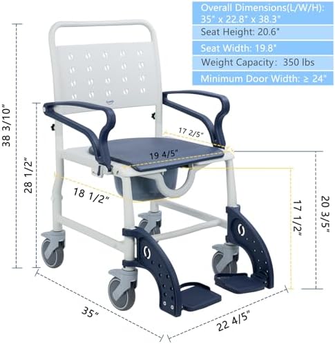 4-in-1 Rolling Shower Chair with Wheels for Elderly & Disabled Adults, Padded Toilet Chair, Bedside Commode, Transport Wheelchair with Locking Caster for Bathroom, Home Care (Navy Blue)