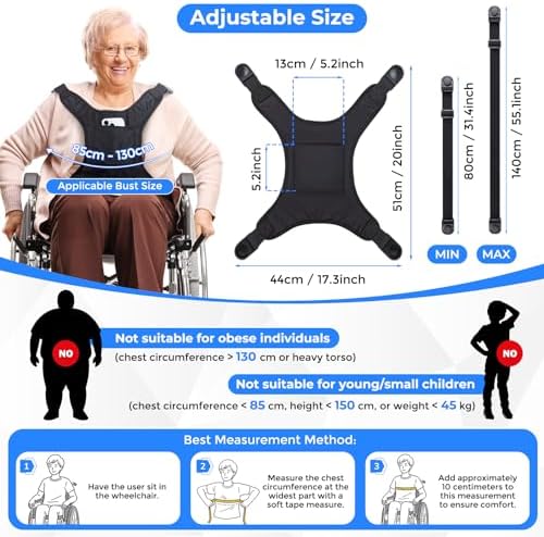 Universal Wheelchair Seatbelt, Wheelchair Harness for Adults, Torso Support Vest Restraint, Safety Belt with Adjustable Straps and Pocket for Elderly, Disabled, Patients to Prevent Sliding & Falling
