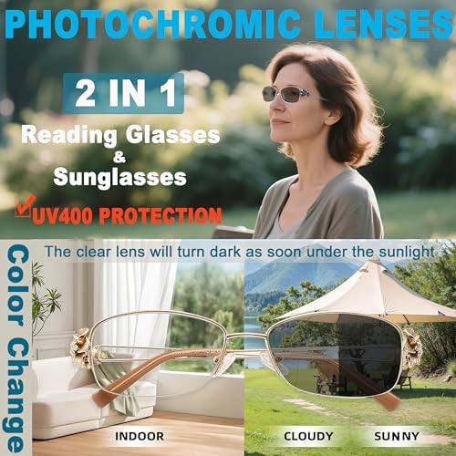 Photochromic Progressive Multifocal Reading Glasses for Women, Stylish Metal Half Frame Blue Light Blocking Sunglasses