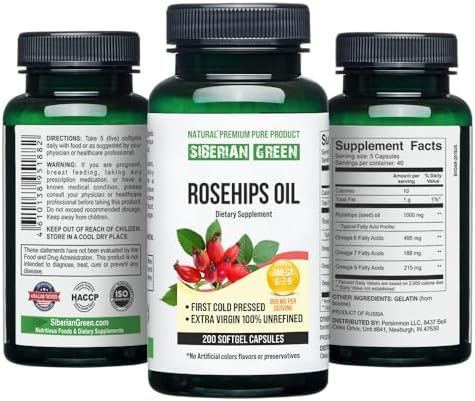 Siberian Green Rosehips Seed Oil Capsules 200 Softgels Wild Harvested Siberia Altai Cold Pressed Unrefined