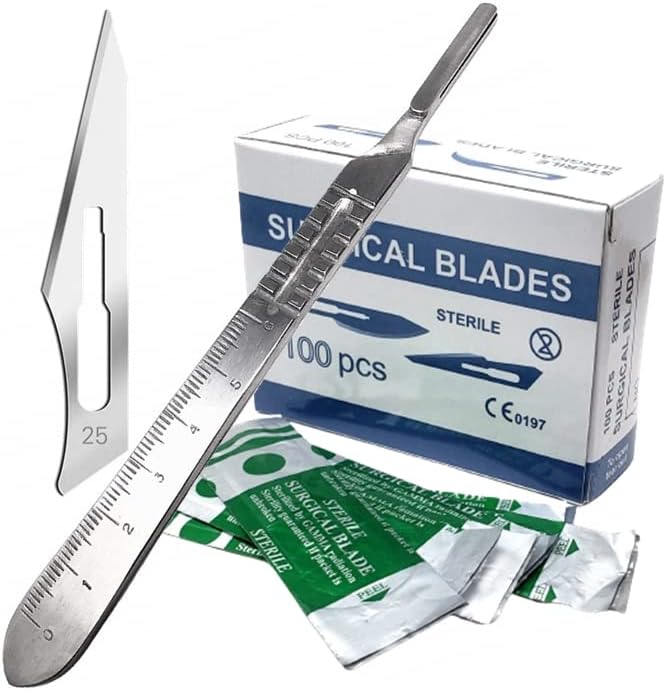 100 Pcs Box Surgical Sterile Blades #25 Made of High Carbon Steel With Stainless Steel Scalpel Handle Knife #4 Graduated Use for Biology Lab Anatomy, Cutting, Med Student, Sculpting, Repairing
