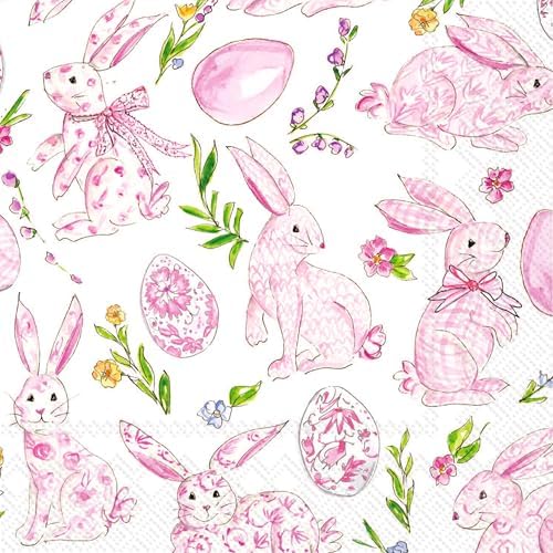 IHR Ideal Home Range Cocktail Napkins Disposable 3-Ply Paper Party Napkin Pack, 5" x 5", Pink Bunny Floral, 20-Count