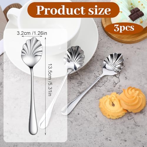 3 PCS Shell Shape Sugar Spoon, Stainless Steel Tiny Spoon for Jam, Silver Demitasse Spoons for Tea Coffee Yogurt, Cute Small Spoons for Dessert, Afternoon Tea