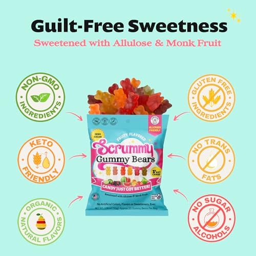 Scrummy Sugar Free Gummy Bears Pack of 8 Bags - 1.8 Oz Bags - Sugar-Free Gummies, No Sugar Alcohols, No Chemical Sweeteners, No artificial Colors or Flavors, Gluten-Free, Keto-Friendly Candy