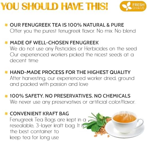 FreshDrinkUS, Premium 75 Fenugreek Tea Bags, 100% Natural & Pure from Fenugreek. Fenugreek Herbal Tea. Made with Natural Material Tea Bags. No Sugar, No Caffeine, No Gluten, Vegan.