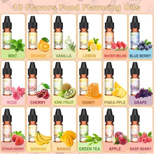 Food Flavoring Oil - 18 Flavors Candy Flavoring, Concentrate Flavor Extract for Baking, Lip Gloss, Drinks, Cooking, Soap - Water & Oil Soluble - 0.25 Fl Oz/Bottles