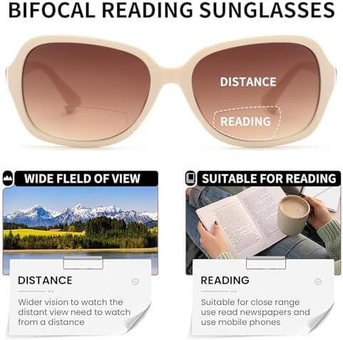 JM Bifocal Reading Sunglasses for Women Vintage Reader Glasses UV Protection Outdoor Beige +2.25