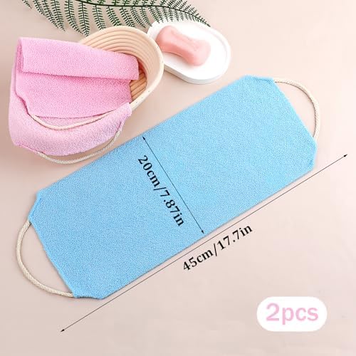 Body Scrubber with Handles Exfoliating Washcloth Towel for Shower Bath 2Pcs Nylon Back Exfoliator Extended Length Back Washers Back Scrubber Towel Stretchable Pull Strap for Sensitive Rough Skin