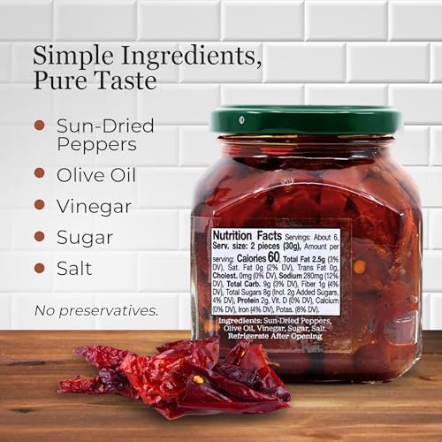 Vantia Sweet & Savory Sun-Dried Peppers 10 oz – Imported Italian Peppers in Olive Oil with Bold Fruity Flavor, Perfect for Antipasto, Salads, Pasta, Pizza & Gourmet Recipes