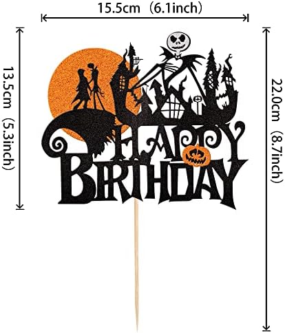 1 PCS Jack and Sally Pumpkin Bat Castle Ghost Cake Topper - Glitter Halloween Cake Pick for Kids Birthday Party & Baby Shower